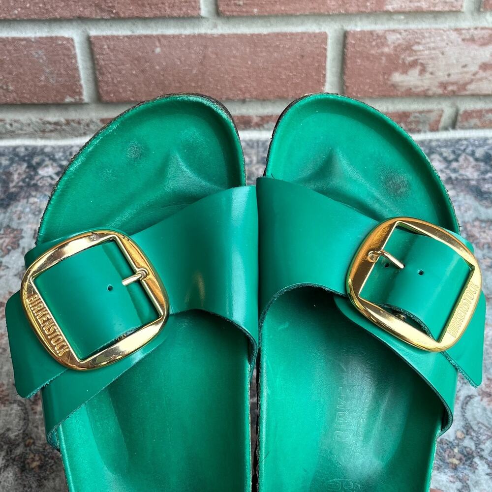 Birkenstock Madrid Green Leather Slide Sandals / Women's 40 / Big Buckle Gold - Picture 6 of 10